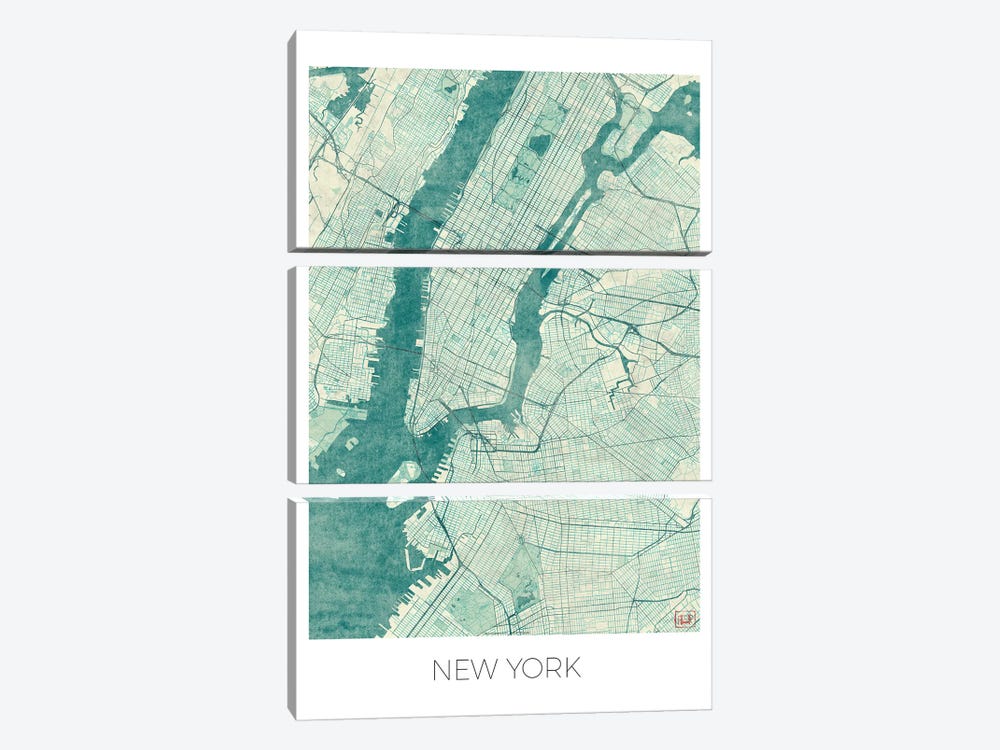 New York Vintage Blue Watercolor Urban Blueprint Map by Hubert Roguski 3-piece Art Print