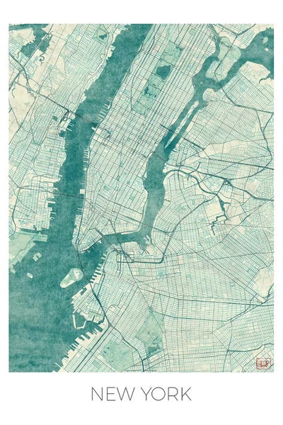 Large Map Art - Canvas Prints: New York Vintage Blue Watercolor Urban Blueprint Map by Hubert Roguski