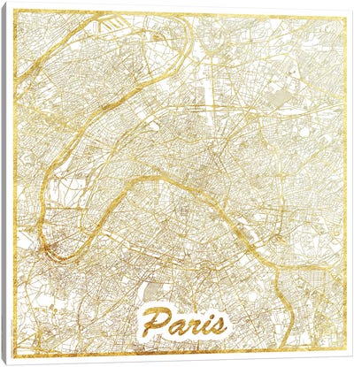 Paris Gold Leaf Urban Blueprint Map Canvas Art Print - Gold & White Art
