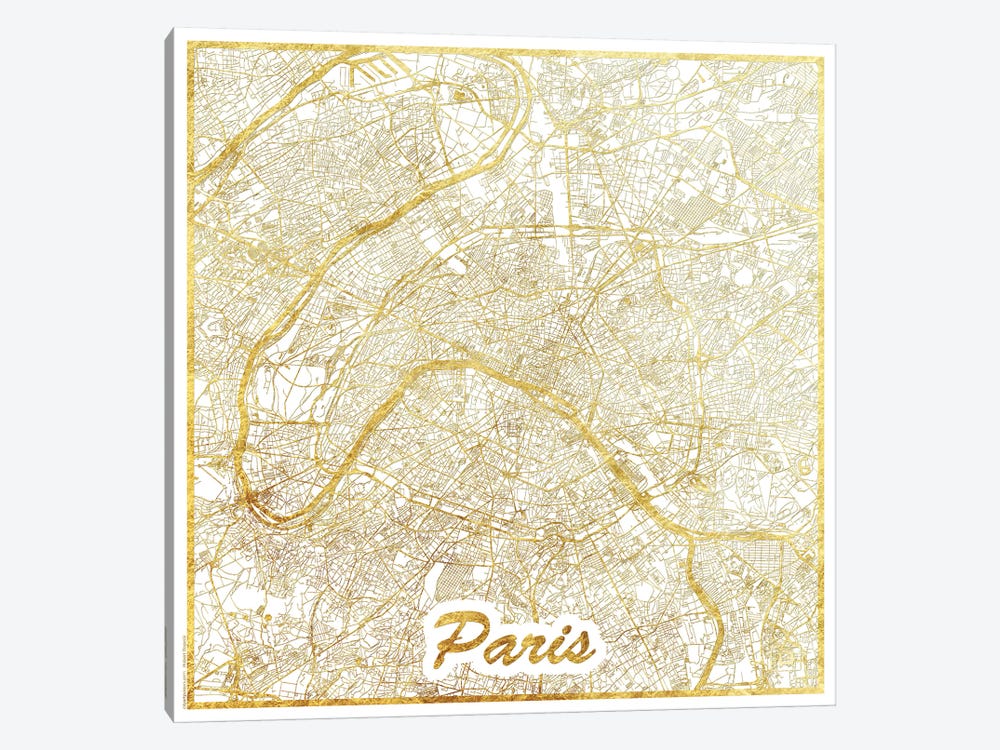 Paris Gold Leaf Urban Blueprint Map by Hubert Roguski 1-piece Canvas Artwork