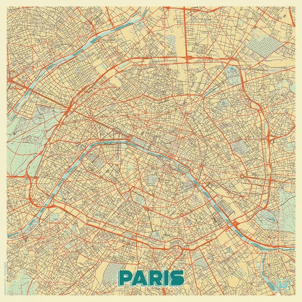 Hubert Roguski: Paris Retro Urban Blueprint Map by Hubert Roguski