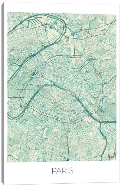 Paris Vintage Blue Watercolor Urban Blueprint Map Canvas Art Print - Paris Maps