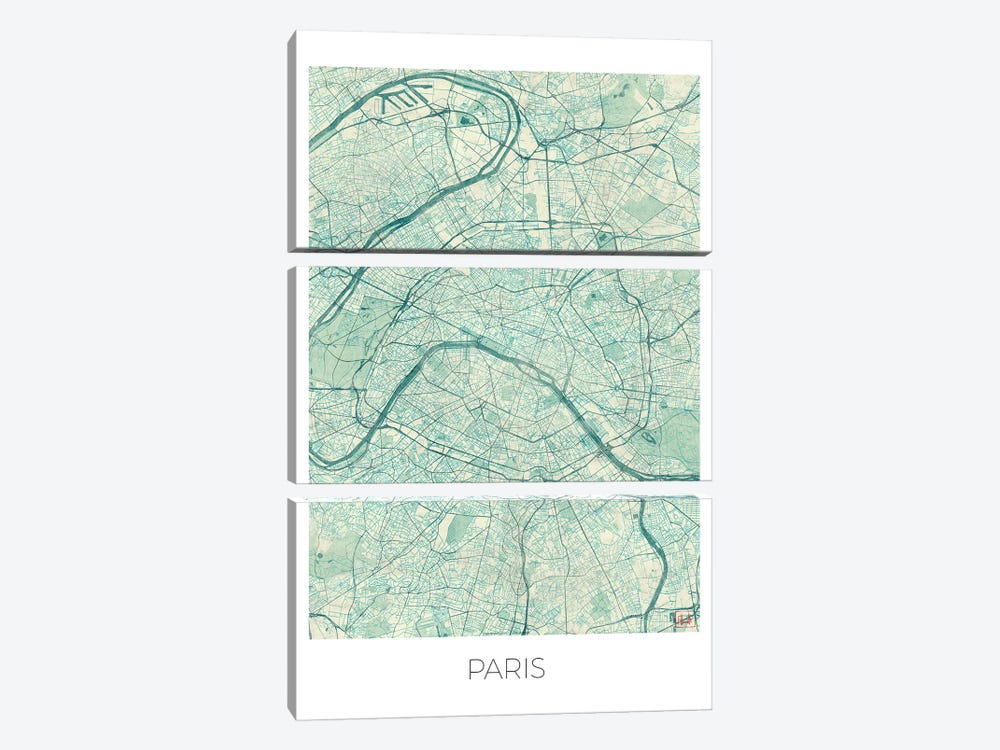 Paris Vintage Blue Watercolor Urban Blueprint Map by Hubert Roguski 3-piece Canvas Art