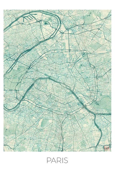 Hubert Roguski: Paris Vintage Blue Watercolor Urban Blueprint Map by Hubert Roguski