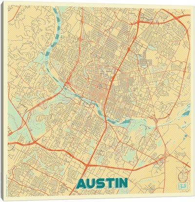 Austin Retro Urban Blueprint Map Canvas Art Print - Austin Art