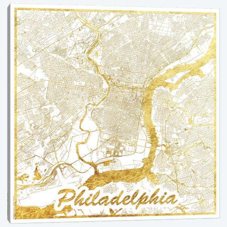 Philadelphia Gold Leaf Urban Blueprint Map Canvas Print #HUR291} by Hubert Roguski Canvas Art Print