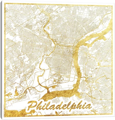 Philadelphia Gold Leaf Urban Blueprint Map Canvas Art Print - Philadelphia Maps