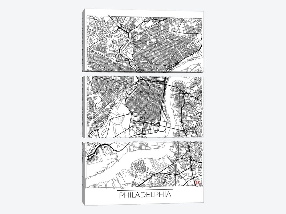 Philadelphia Minimal Urban Blueprint Map by Hubert Roguski 3-piece Canvas Artwork