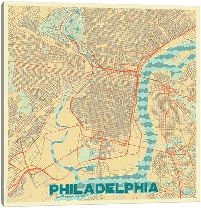 Philadelphia Retro Urban Blueprint Map Canvas Art Print - Philadelphia Maps