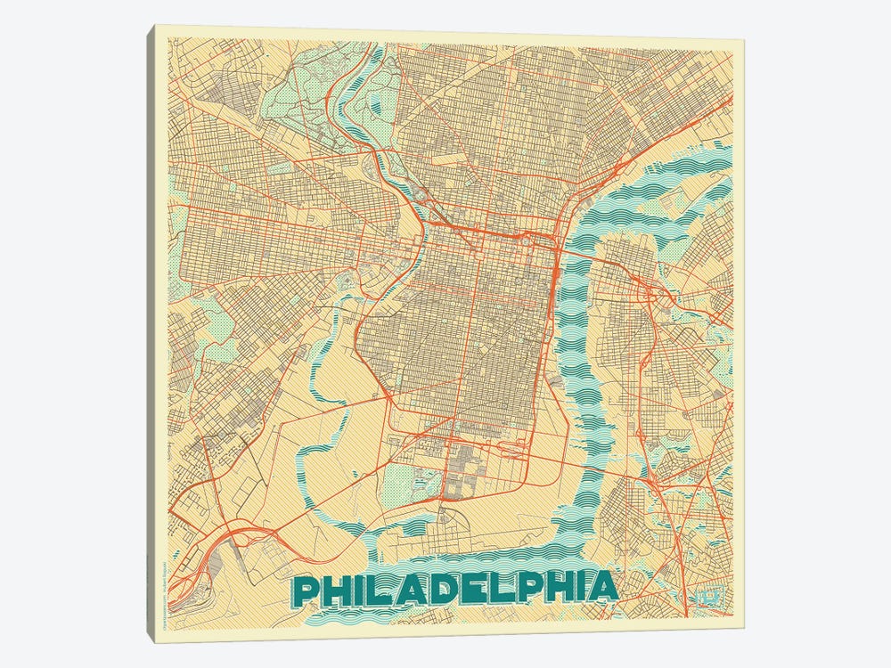 Philadelphia Retro Urban Blueprint Map by Hubert Roguski 1-piece Canvas Artwork
