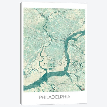 Philadelphia Vintage Blue Watercolor Urban Blueprint Map Canvas Print #HUR295} by Hubert Roguski Canvas Art