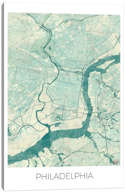 Philadelphia Vintage Blue Watercolor Urban Blueprint Map Canvas Art Print - Philadelphia Maps