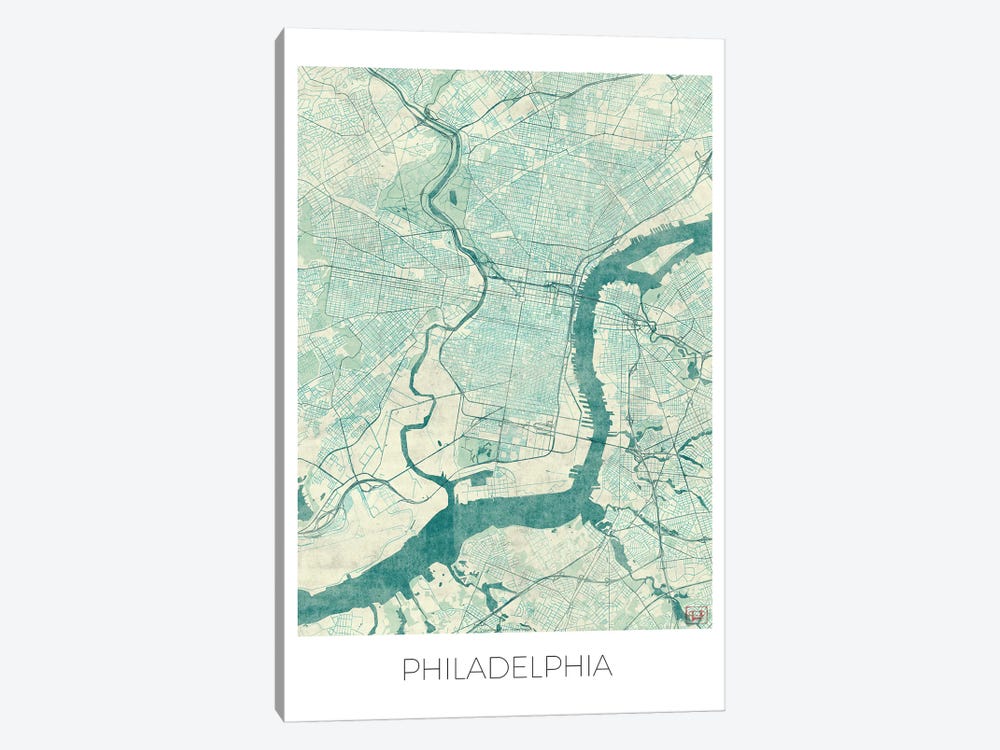 Philadelphia Vintage Blue Watercolor Urban Blueprint Map by Hubert Roguski 1-piece Canvas Art Print