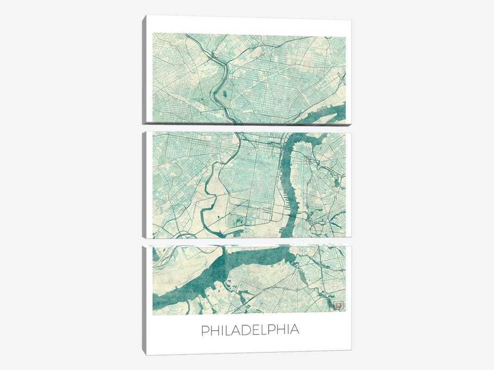 Philadelphia Vintage Blue Watercolor Urban Blueprint Map by Hubert Roguski 3-piece Canvas Print
