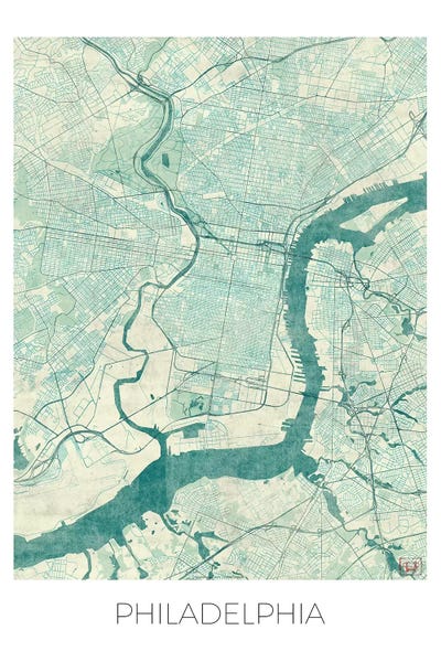 Hubert Roguski: Philadelphia Vintage Blue Watercolor Urban Blueprint Map by Hubert Roguski