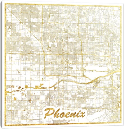 Phoenix Gold Leaf Urban Blueprint Map Canvas Art Print - Gold & White Art
