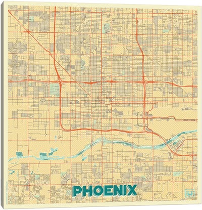 Phoenix Retro Urban Blueprint Map Canvas Art Print - Phoenix