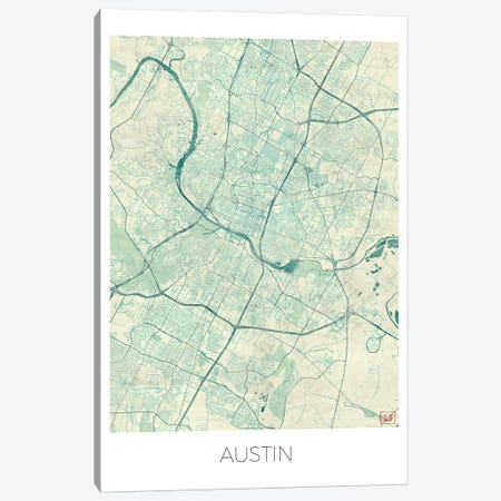 Austin Vintage Blue Watercolor Urban Blueprint Map Canvas Print #HUR29} by Hubert Roguski Canvas Print