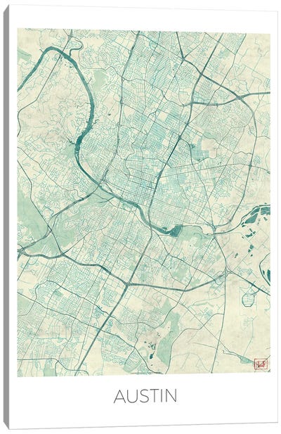 Austin Vintage Blue Watercolor Urban Blueprint Map Canvas Art Print - Best Selling Map Art