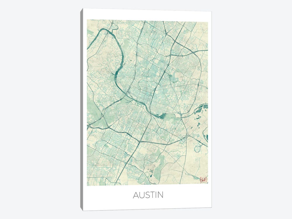 Austin Vintage Blue Watercolor Urban Blueprint Map by Hubert Roguski 1-piece Canvas Art Print
