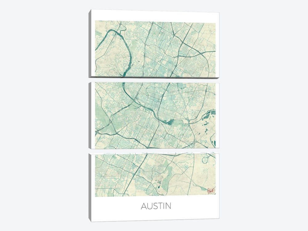 Austin Vintage Blue Watercolor Urban Blueprint Map by Hubert Roguski 3-piece Canvas Art Print