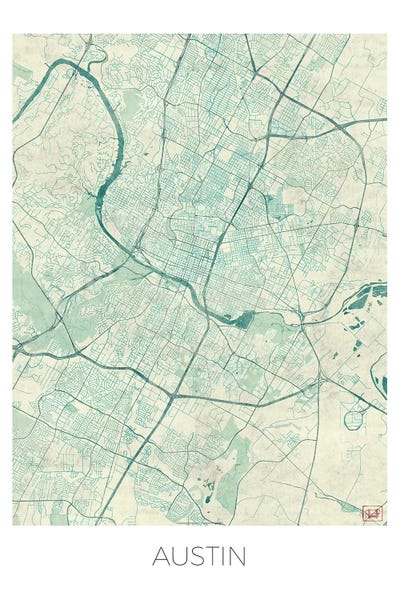 Austin Vintage Blue Watercolor Urban Blueprint Map