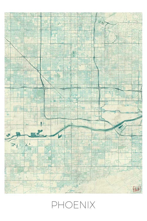 Phoenix Vintage Blue Watercolor Urban Blueprint Map