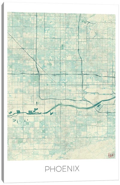 Phoenix Vintage Blue Watercolor Urban Blueprint Map Canvas Art Print - Phoenix Art