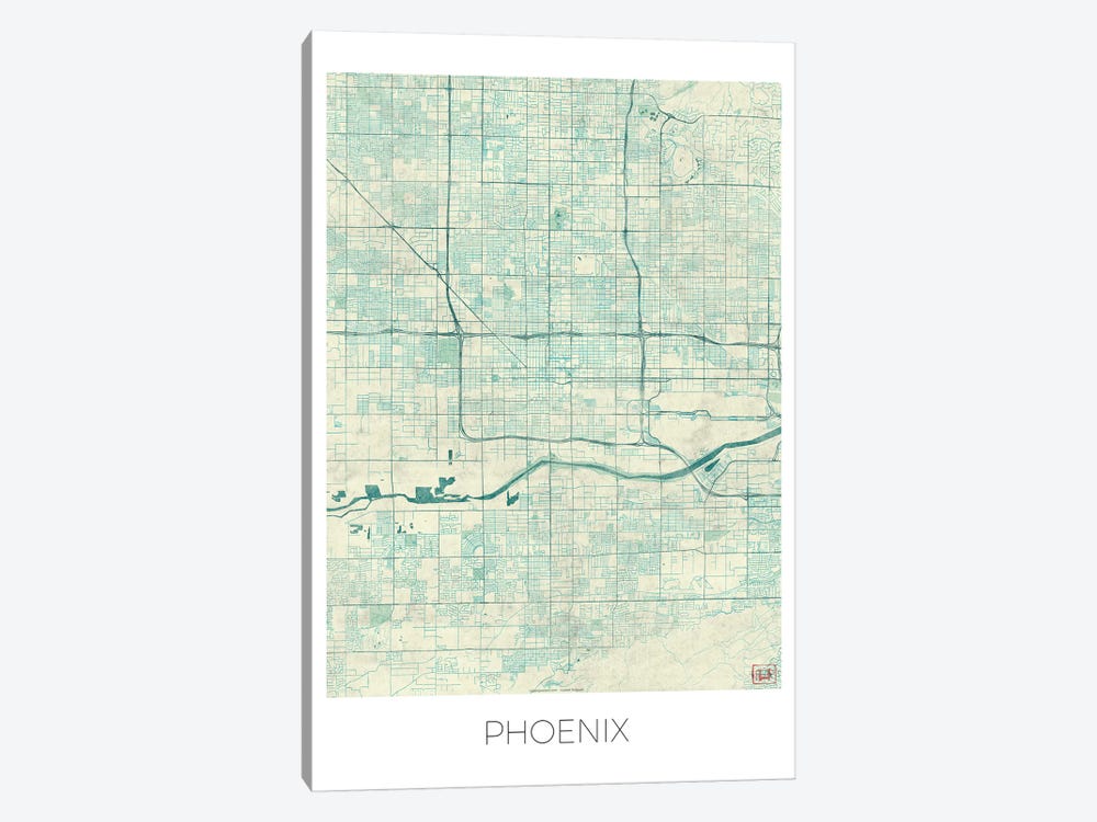 Phoenix Vintage Blue Watercolor Urban Blueprint Map by Hubert Roguski 1-piece Canvas Artwork