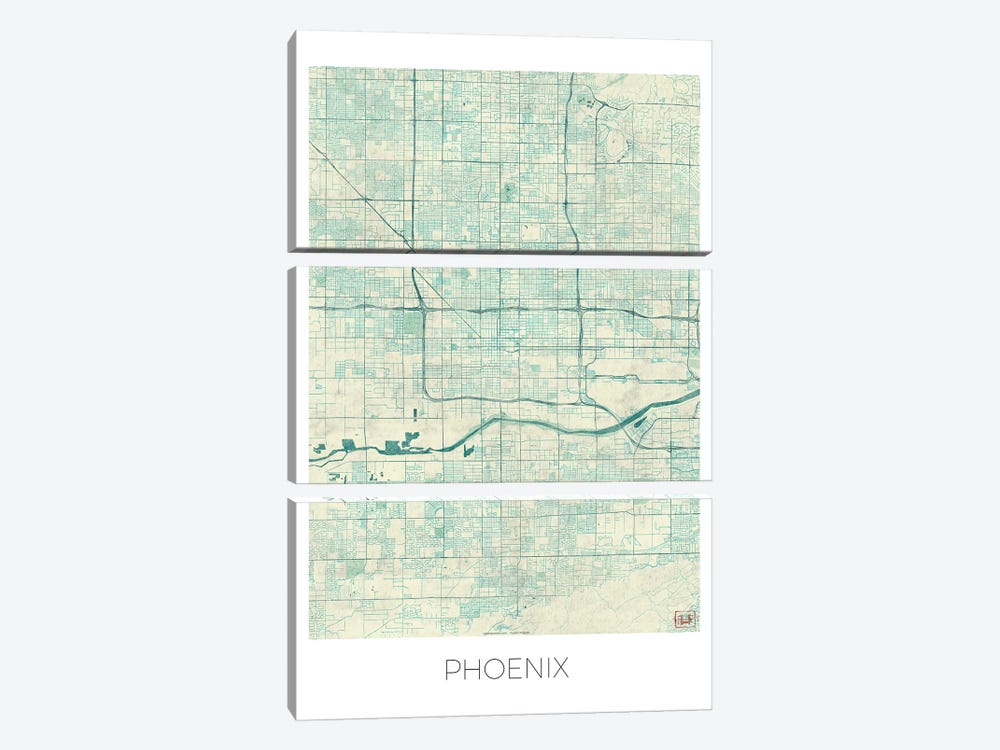 Phoenix Vintage Blue Watercolor Urban Blueprint Map by Hubert Roguski 3-piece Canvas Wall Art
