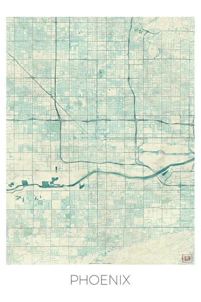 Phoenix: Phoenix Vintage Blue Watercolor Urban Blueprint Map by Hubert Roguski