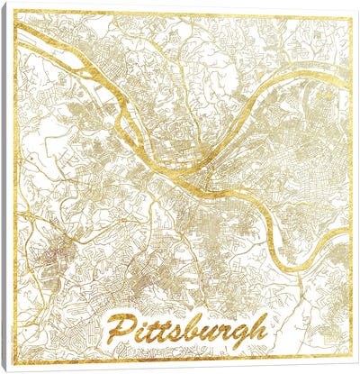 Pittsburgh Gold Leaf Urban Blueprint Map Canvas Art Print - PIttsburgh Maps