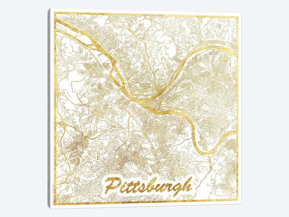Pittsburgh Gold Leaf Urban Blueprint Map by Hubert Roguski 1-piece Canvas Art Print