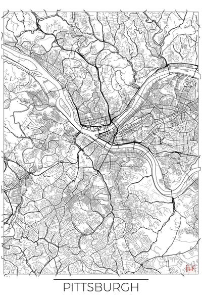 Large Map Art - Canvas Prints: Pittsburgh Minimal Urban Blueprint Map by Hubert Roguski