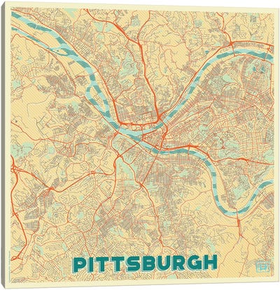 Pittsburgh Retro Urban Blueprint Map Canvas Art Print - Pittsburgh Art