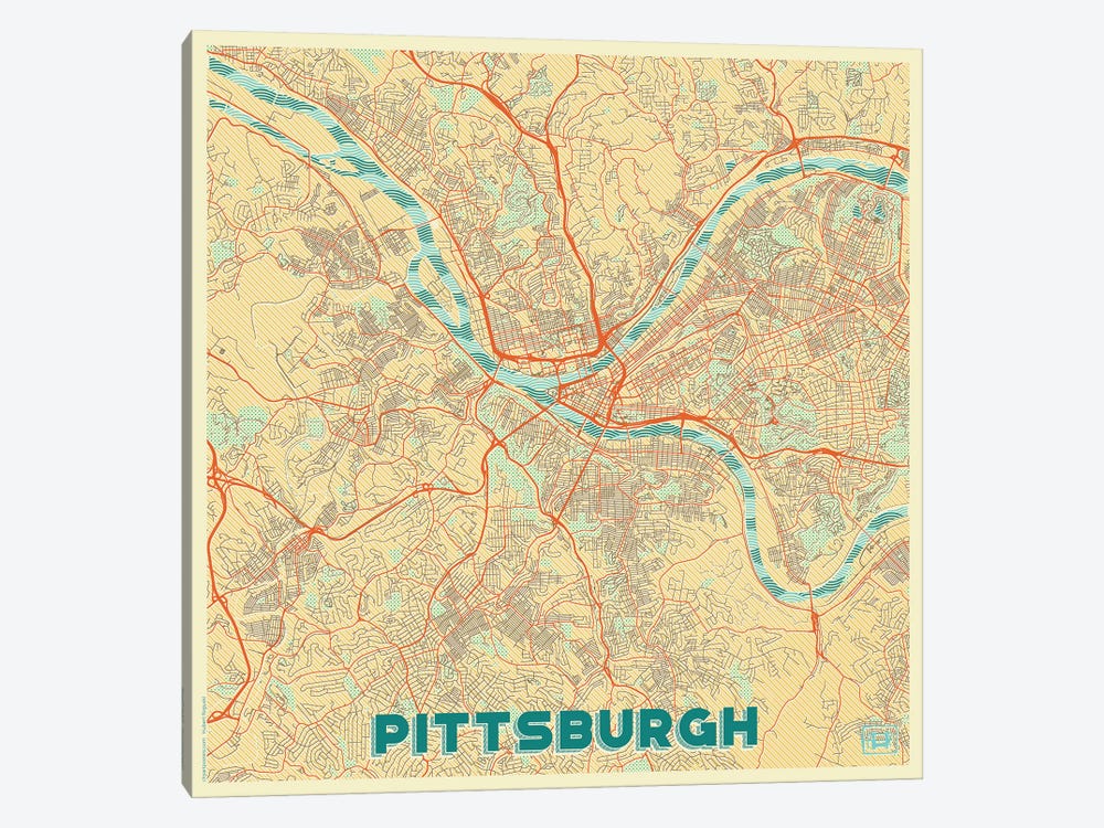 Pittsburgh Retro Urban Blueprint Map by Hubert Roguski 1-piece Canvas Wall Art