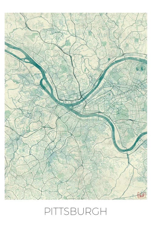 Pittsburgh Vintage Blue Watercolor Urban Blueprint Map