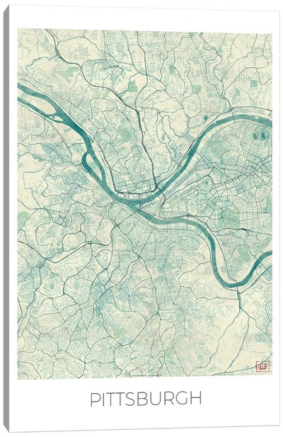Pittsburgh Vintage Blue Watercolor Urban Blueprint Map Canvas Art Print - Pittsburgh Art