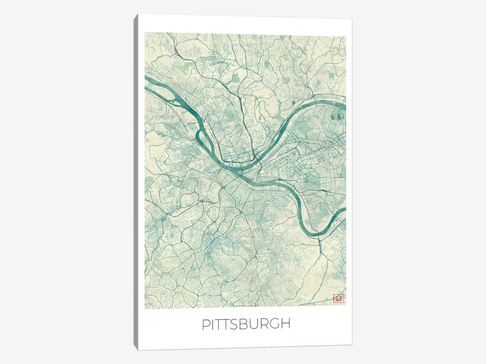 Pittsburgh Vintage Blue Watercolor Urban Blueprint Map by Hubert Roguski 1-piece Canvas Art Print