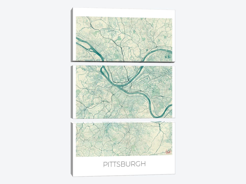 Pittsburgh Vintage Blue Watercolor Urban Blueprint Map by Hubert Roguski 3-piece Canvas Art Print