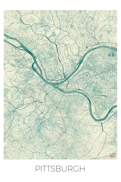Pennsylvania: Pittsburgh Vintage Blue Watercolor Urban Blueprint Map by Hubert Roguski
