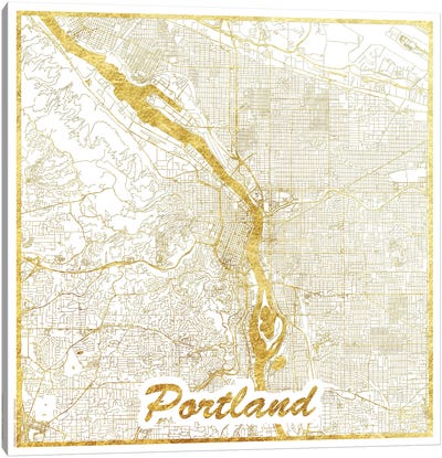 Portland Gold Leaf Urban Blueprint Map Canvas Art Print - Gold & White Art