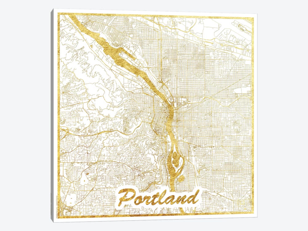Portland Gold Leaf Urban Blueprint Map by Hubert Roguski 1-piece Canvas Art