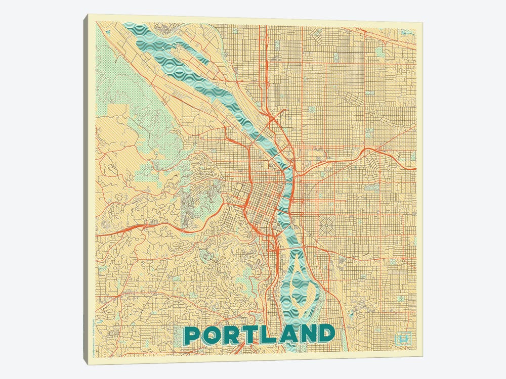 Portland Retro Urban Blueprint Map by Hubert Roguski 1-piece Canvas Art Print