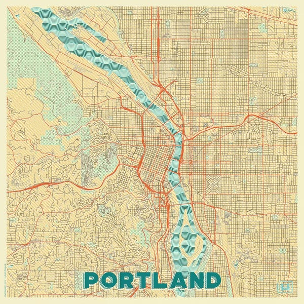 Oregon: Portland Retro Urban Blueprint Map by Hubert Roguski
