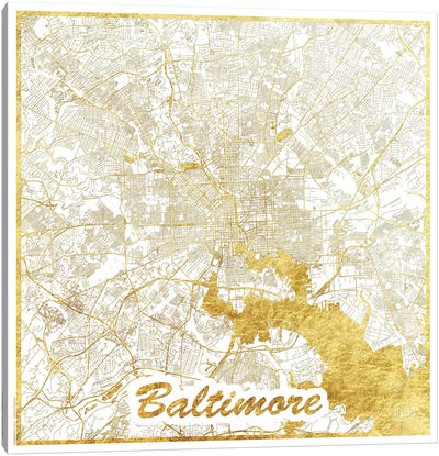 Baltimore Gold Leaf Urban Blueprint Map Canvas Art Print - Maryland Art