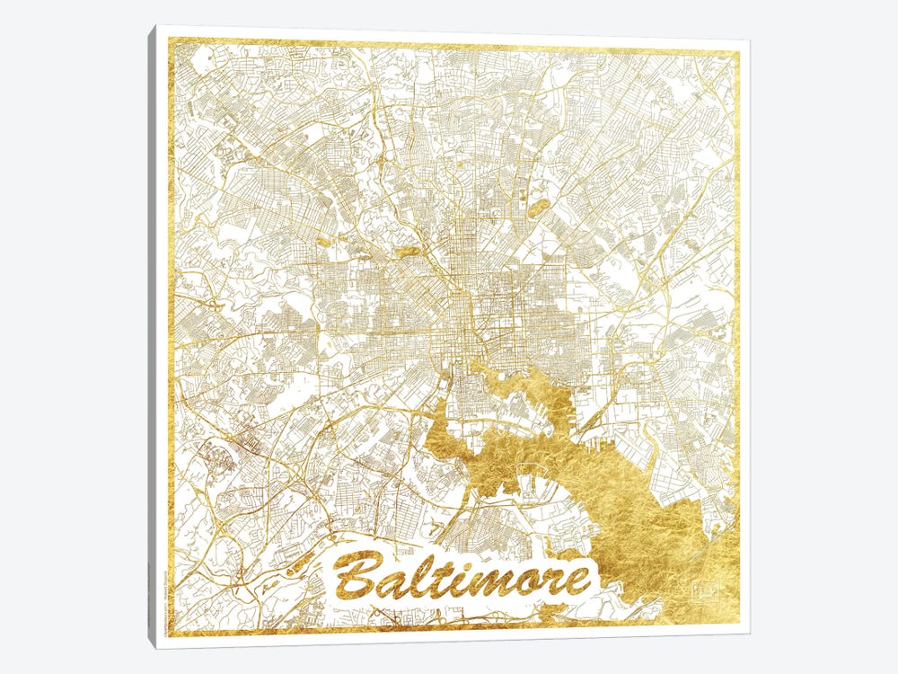 Baltimore Gold Leaf Urban Blueprint Map by Hubert Roguski 1-piece Canvas Print