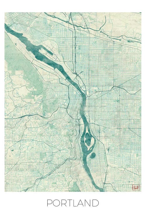 Portland Vintage Blue Watercolor Urban Blueprint Map