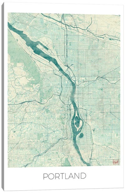 Portland Vintage Blue Watercolor Urban Blueprint Map Canvas Art Print - Hubert Roguski