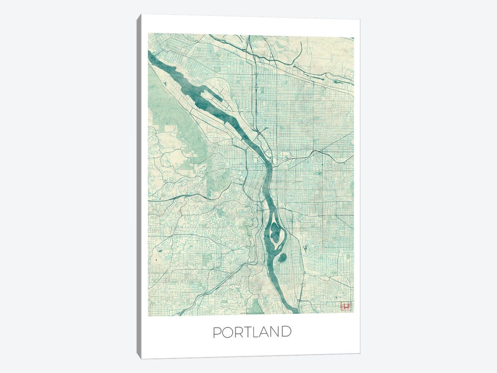 Portland Vintage Blue Watercolor Urban Blueprint Map by Hubert Roguski 1-piece Canvas Print